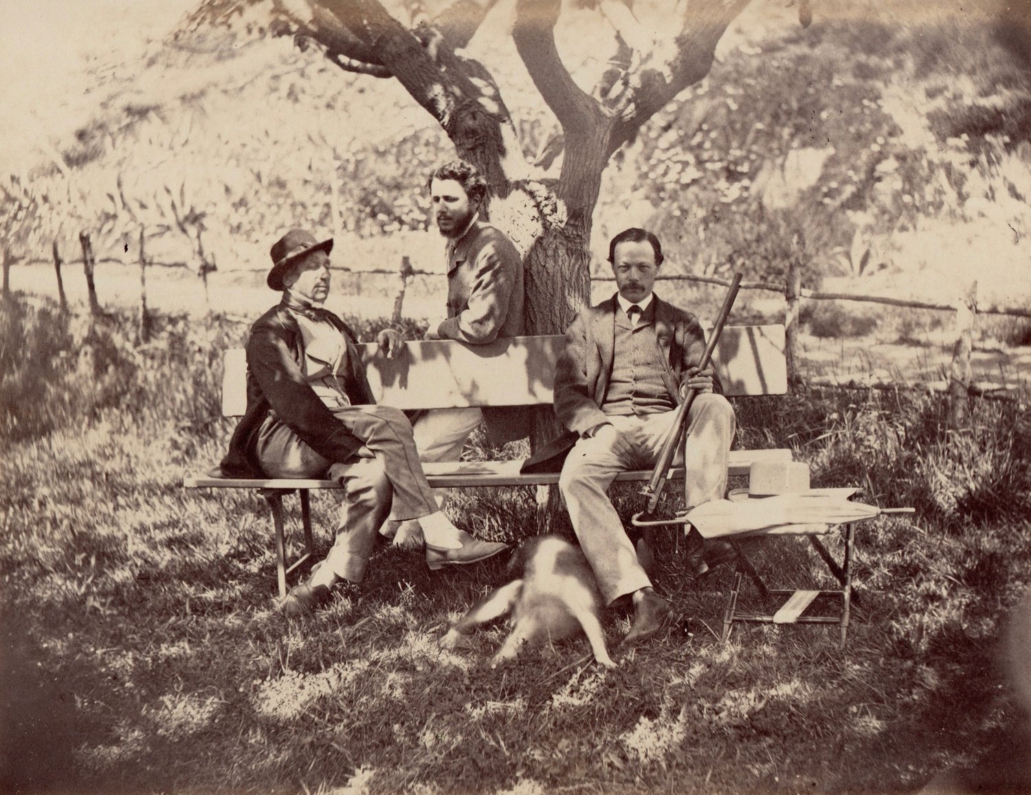Image of Comte Alfred Odart de Parigny: hunting scene of thee men, France ca. 1863