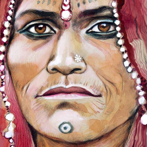 Image of Original painting "Femme Banjara en rose sur kantha" - Inde - 40x60 cm