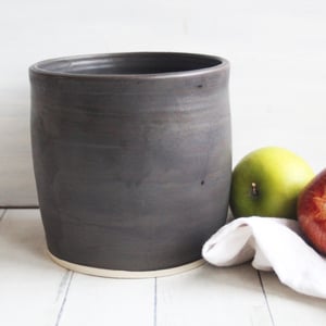 Image of Extra Large Utensil Holder in Matte Black and Brown Glaze, Handcrafted Kitchen Crock Made in USA