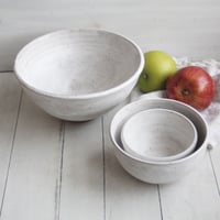 Image 2 of Rustic Modern Set of Three Nesting Bowls in White Matte Glaze, Speckled Pottery Made in USA