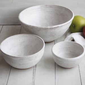 Image of Rustic Modern Set of Three Nesting Bowls in White Matte Glaze, Speckled Pottery Made in USA
