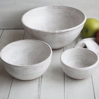 Image 4 of Rustic Modern Set of Three Nesting Bowls in White Matte Glaze, Speckled Pottery Made in USA