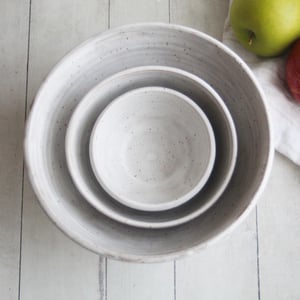 Image of Rustic Modern Set of Three Nesting Bowls in White Matte Glaze, Speckled Pottery Made in USA