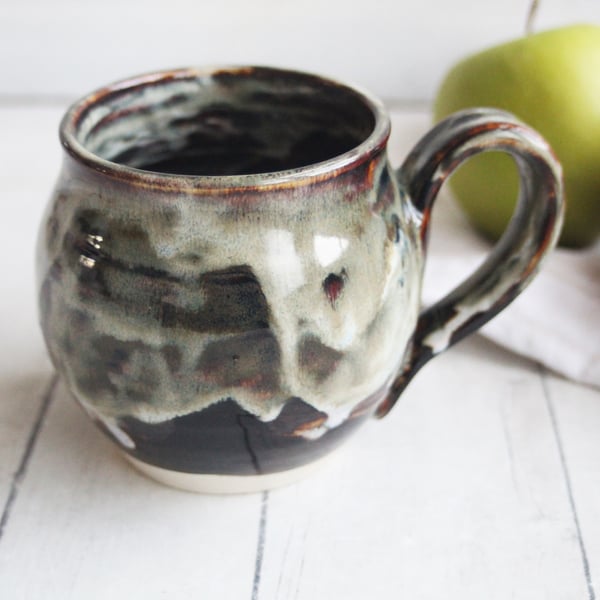 Image of Handmade Pottery Mug in Brown and Black Rustic Glazes, 15 oz. Ceramic Coffee Cup Made in USA