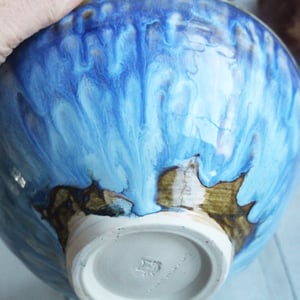 Image of Handmade Rustic Serving Bowl with Swirling Blue Glazes, Blue Pottery Bowl, Made in USA