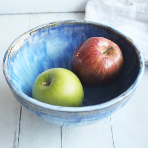 Image of Handmade Rustic Serving Bowl with Swirling Blue Glazes, Blue Pottery Bowl, Made in USA