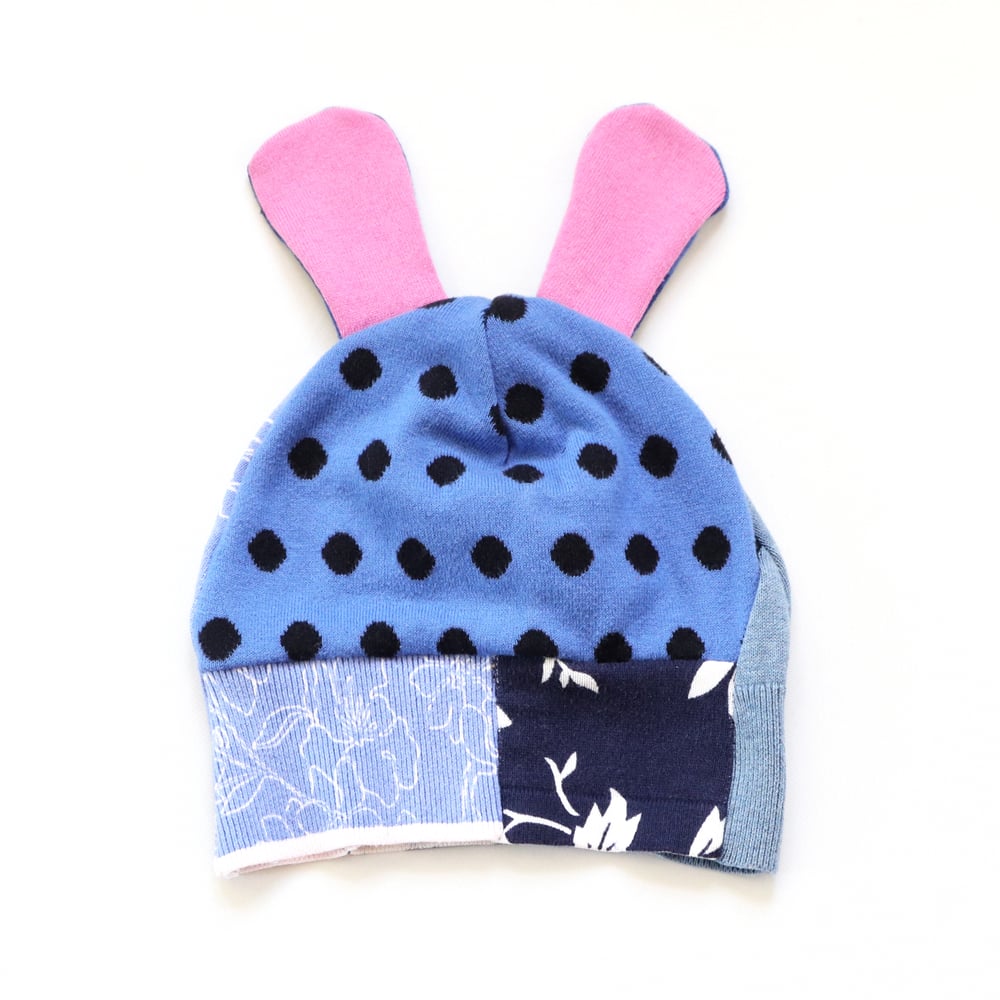 Image of bunny ears blue ear patchwork cotton blend sweater tween teen adult courtneycourtney beanie hat knit