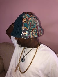 Image 1 of H.O.D. Bucket Hat Turquoise Paisley Linen Velvet Fabric W/Reversible Bleached Denim Side