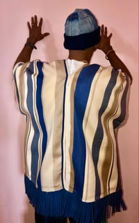 Image 5 of Dazo62 Custom Made Poncho Ralph Lauren Striped Cotton Fabric W/Indigo Blue Fringe Accent 
