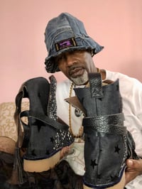Image 2 of H.O.D. Black Knit With Gold And Silver Stitching And Denim Panel Reversible Bucket Hat  