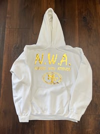 Image 1 of N.W.A. WHITE HOODIE, METALLIC GOLD LETTERS 