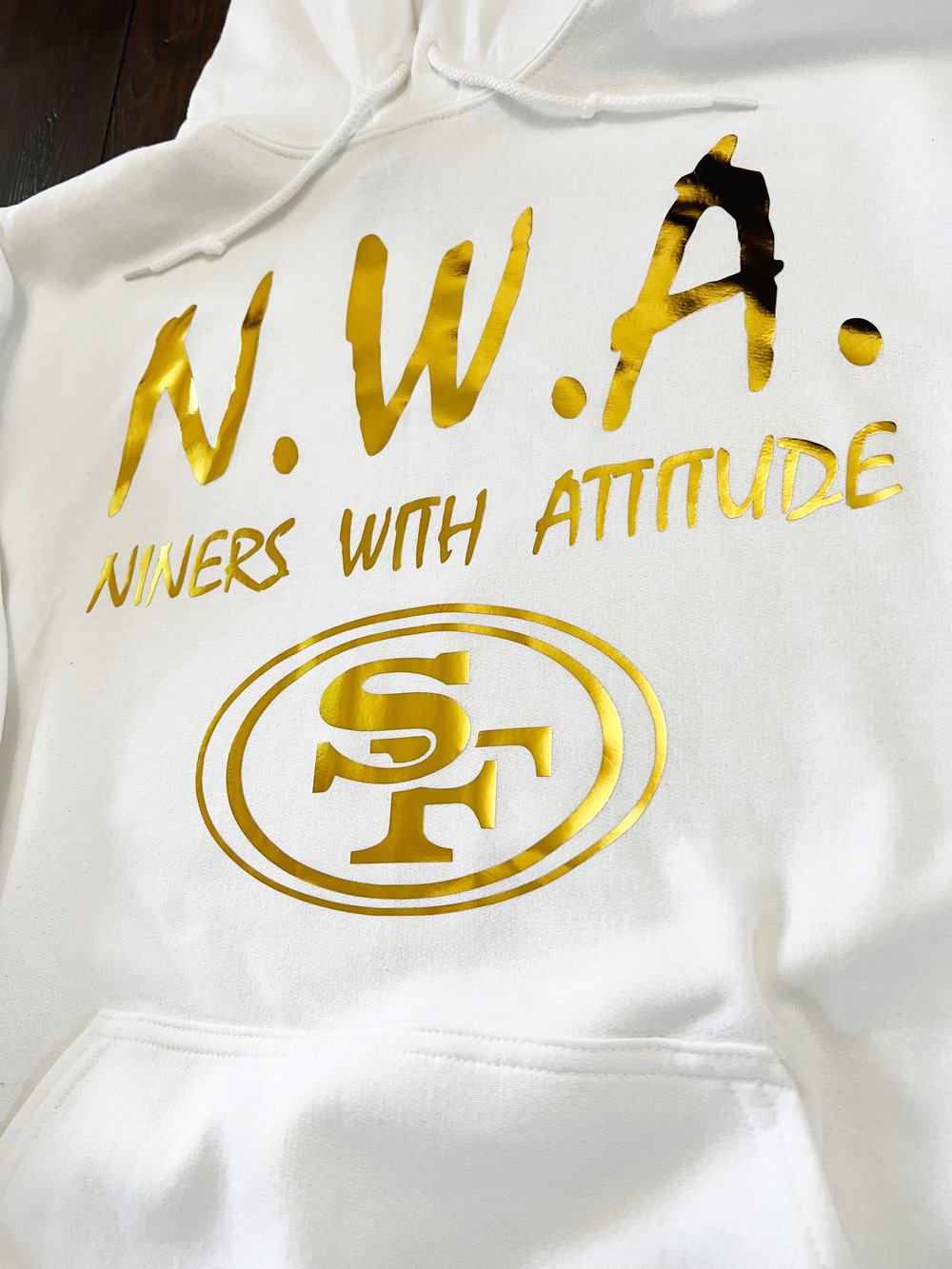N.W.A. WHITE HOODIE, METALLIC GOLD LETTERS 