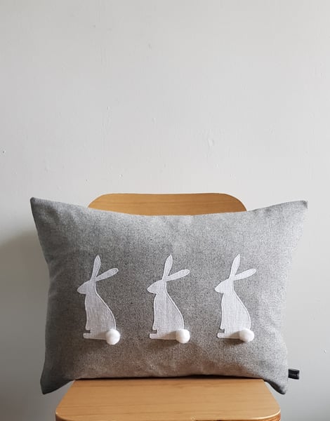 Image of Bunny Cushion - Grey wool with white linen rabbits 