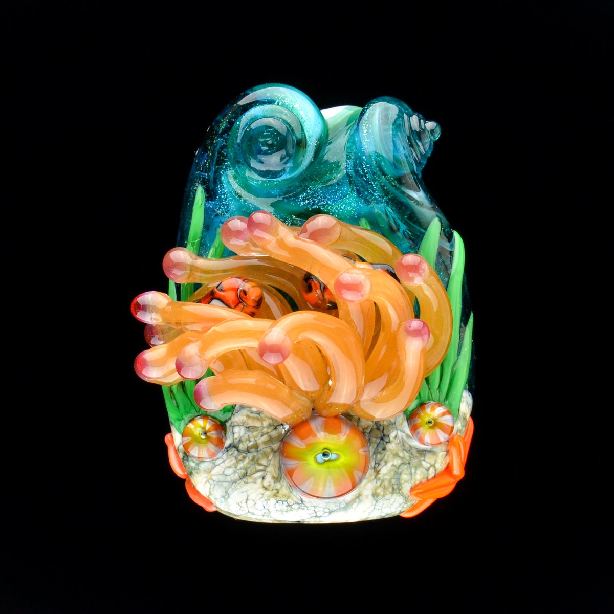 Image of XXL. Osage Anemone with Clownfish - Flamework Sculpture Bead