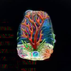 Image of XXL. Clownfish Family in a Pale Blue Green Anemone - Flamework Glass Sculpture