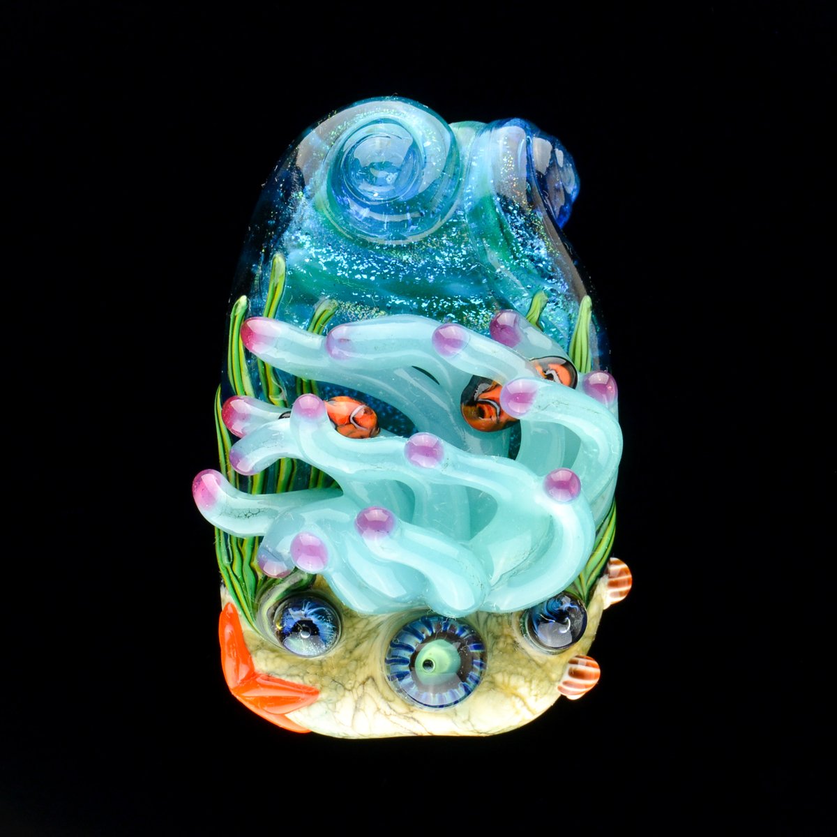 Image of XXL. Clownfish Family in a Mint Blue-Green Anemone - Flamework Glass Sculpture