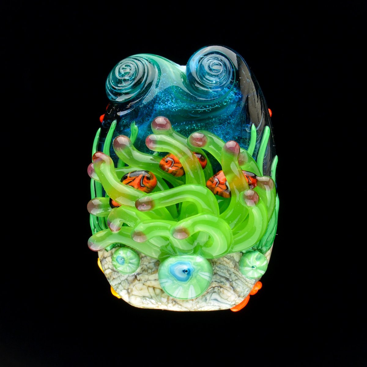 Image of XXXL. Parrot Green Anemone with Clownfish - Flamework Glass Sculpture