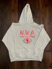 Image 1 of N.W.A. WHITE HOODIE, METALLIC RED LETTERS 