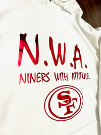 Image 2 of N.W.A. WHITE HOODIE, METALLIC RED LETTERS 