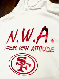 Image 3 of N.W.A. WHITE HOODIE, METALLIC RED LETTERS 