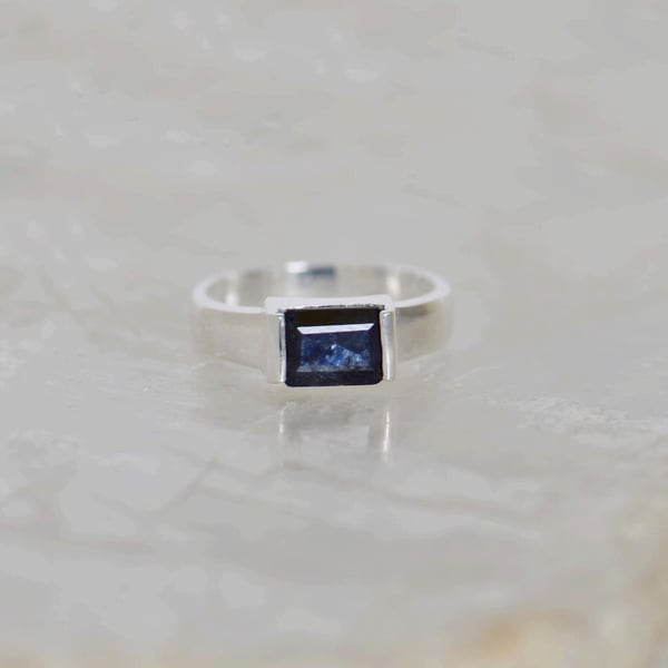 Image of Sparkle Blue Sapphire rectangular cut wide band silver ring