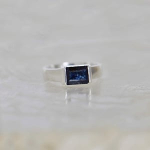 Image of Sparkle Blue Sapphire rectangular cut wide band silver ring