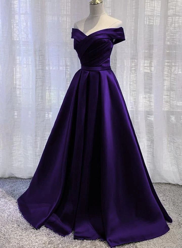 Pretty Purple Satin Off Shoulder Long Prom Dress, A-line Purple Formal Dress