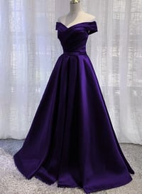 Image 1 of Pretty Purple Satin Off Shoulder Long Prom Dress, A-line Purple Formal Dress