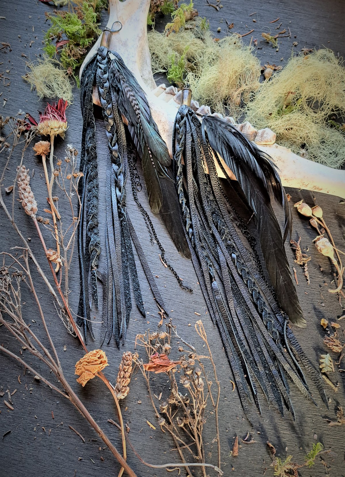 Image of All Black Leather Fringe with Black Chain and Black Feather Earrings