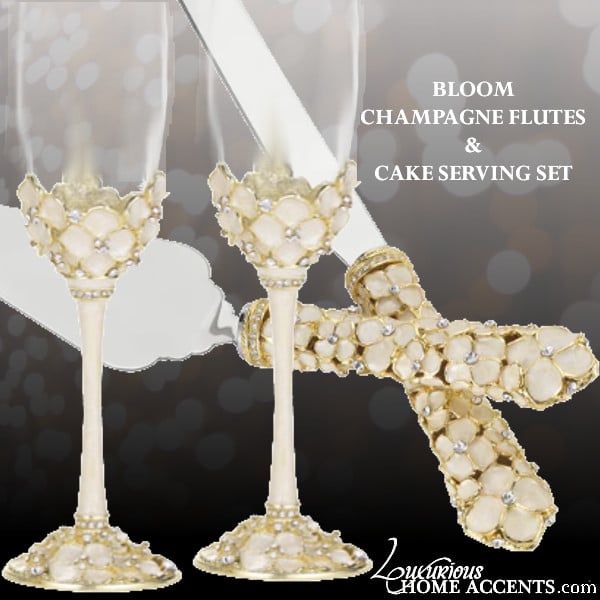 Image of BLOOM Ivory Swarovski Crystal Flutes and Cake Server Set