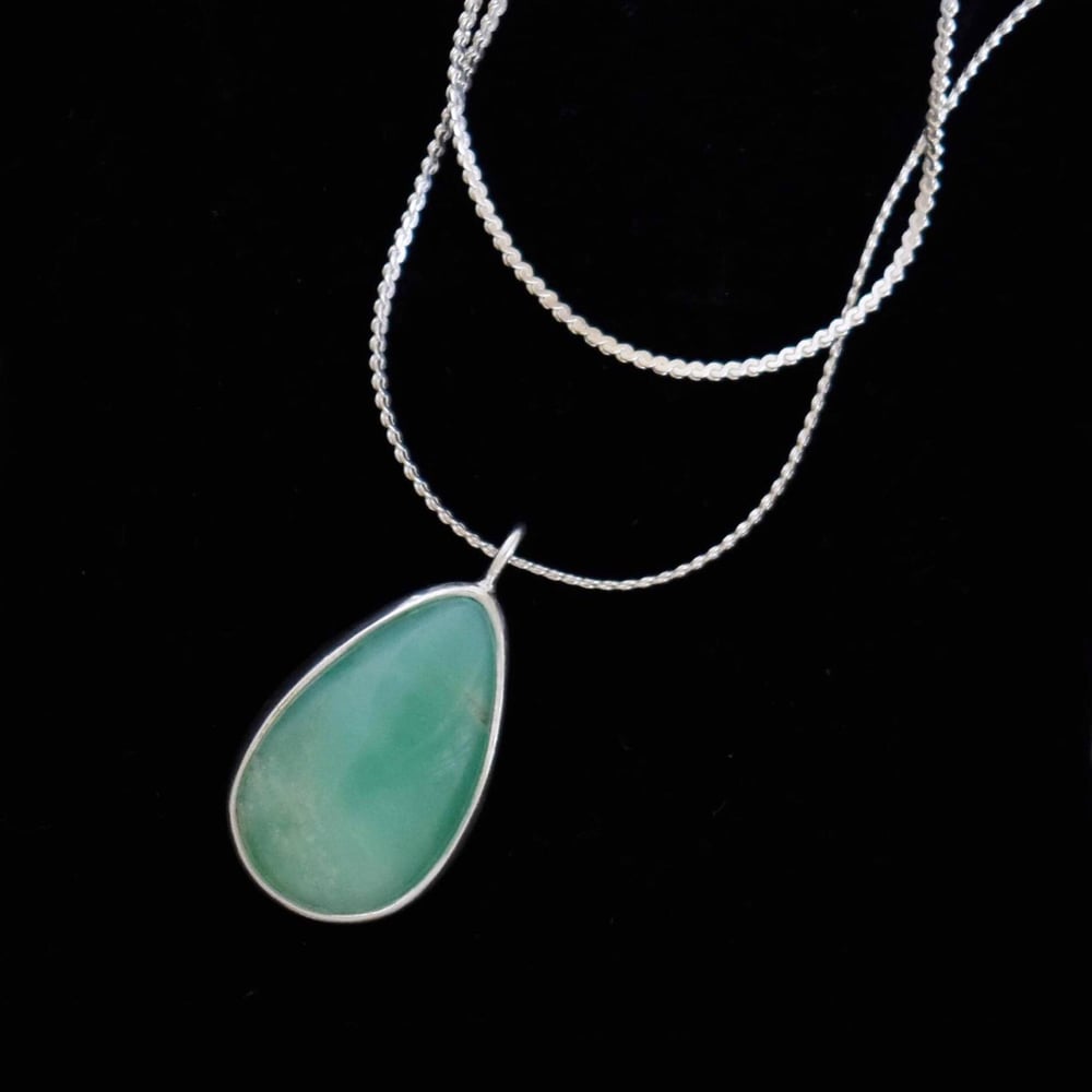 Image of Indonesia Chrysoprase pear shape cabochon cut silver necklace
