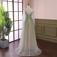Image 3 of Gradient Tulle Green Beaded Long Sleeves Party Dress, Green Formal Dress