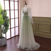 Image 2 of Gradient Tulle Green Beaded Long Sleeves Party Dress, Green Formal Dress