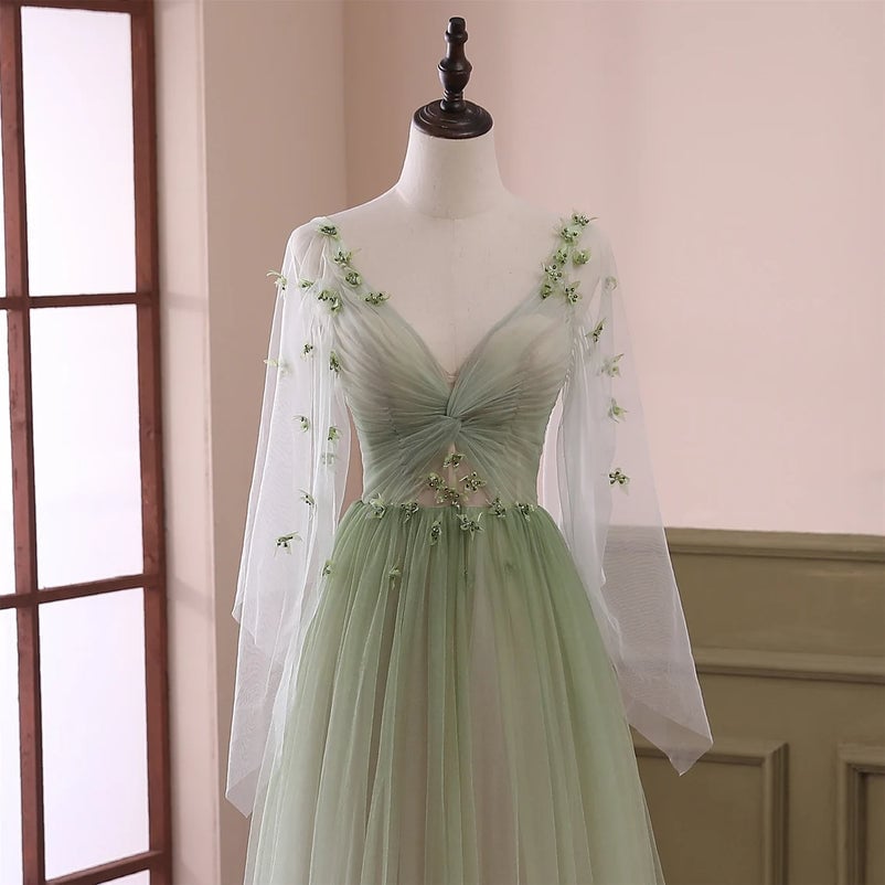 Gradient Tulle Green Beaded Long Sleeves Party Dress, Green Formal Dress