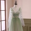 Gradient Tulle Green Beaded Long Sleeves Party Dress, Green Formal Dress