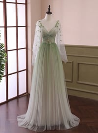 Image 1 of Gradient Tulle Green Beaded Long Sleeves Party Dress, Green Formal Dress
