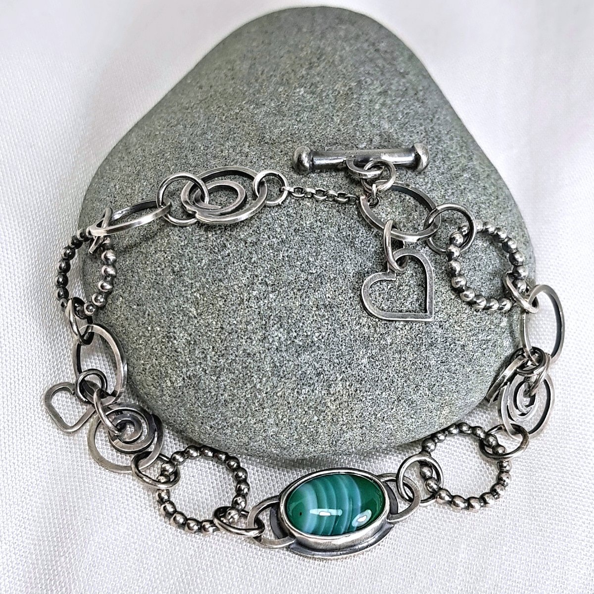 Image of Sterling Silver Charm Bracelet, Oxidised Silver Bracelet with Green Agate Gemstone