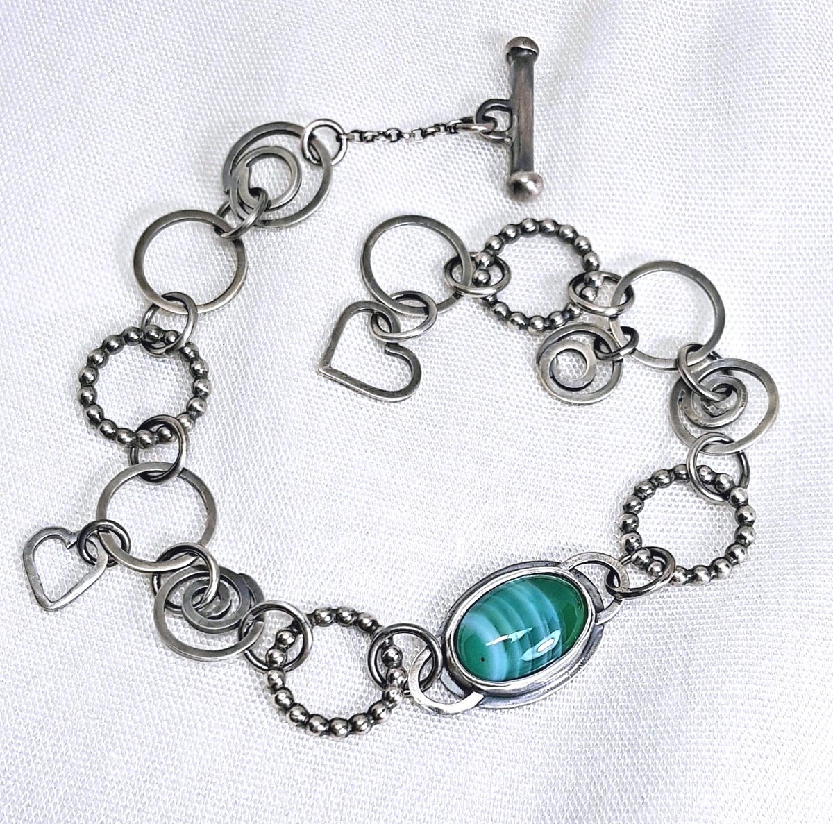 Image of Sterling Silver Charm Bracelet, Oxidised Silver Bracelet with Green Agate Gemstone