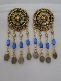 Image 2 of Kate Middleton Princess of Wales Inspired Replikate Gold Disc Labradorite Fringe Earrings