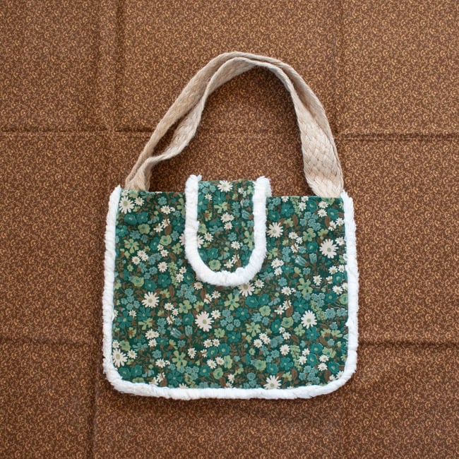 Green Floral Corduroy Handbag with Faux Fur Trim