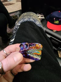 Image 2 of Double amber purple T-Rex skull pendant with a fully worked joint tip