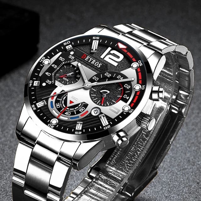 Image of Fashion Stainless Steel Watches Luxury Quartz Wristwatch Calendar Clock Men 