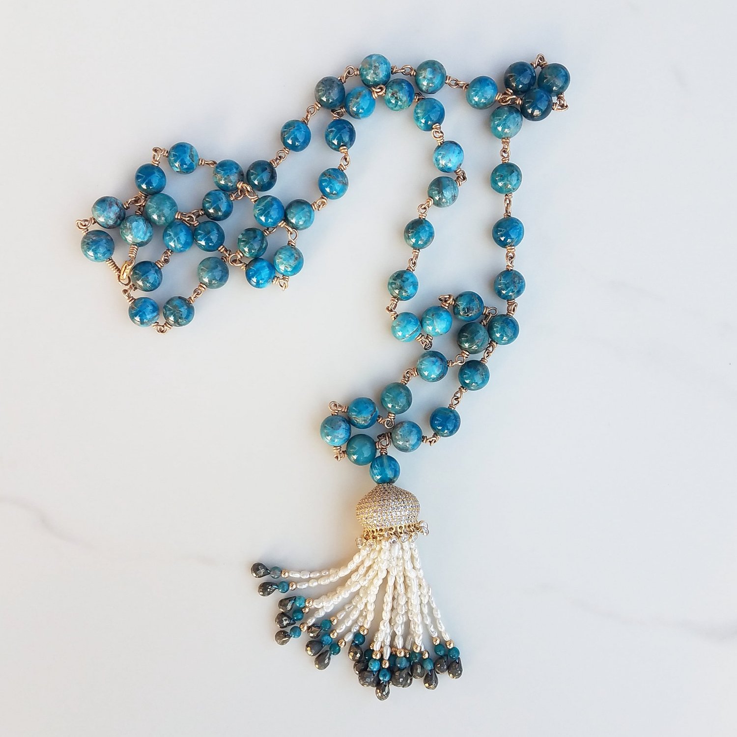 Apatite & Pearl Fancy Tassel Necklace