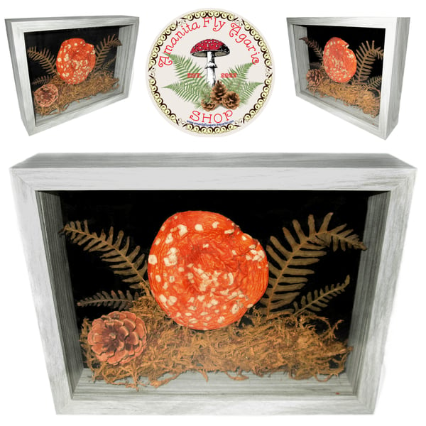 Image of 🍄 Amanita Shadowbox Art 6"X8" Inches - Cottagecore - Natural Mushroom, Fern, Moss, Pine Cone