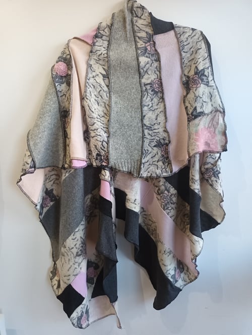 Image of THE SHANCHO, fabric collage shawl...soft pinks and greys