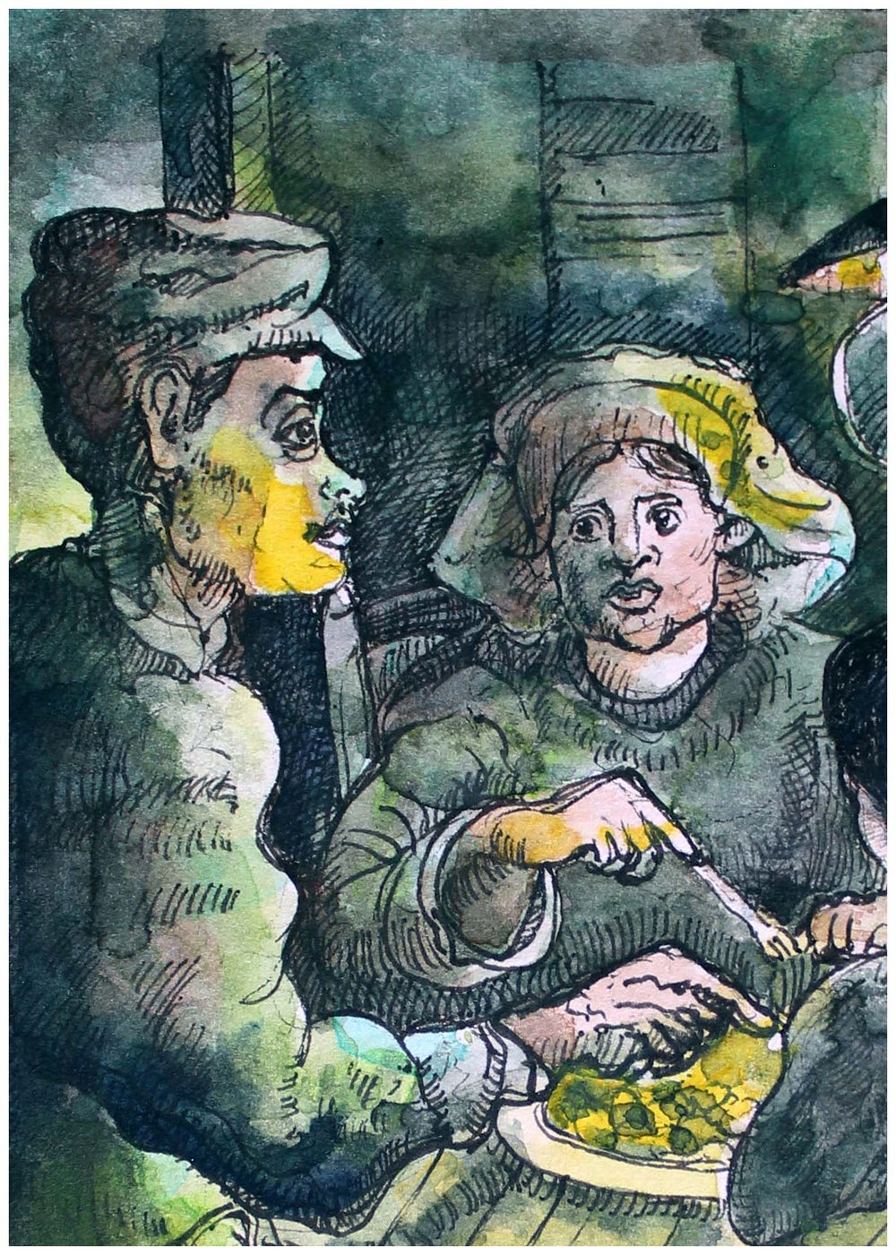 "Potatoe Eaters" | Carlos Atoche Watercolor Linocut PRINTS