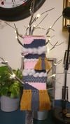 Blue pink & mustard with clouds weave - slim mini wall hanging