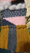 Blue pink & mustard with clouds weave - slim mini wall hanging