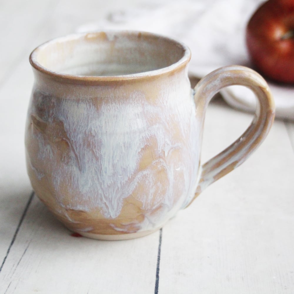 Image of Pottery Mug in Dripping White and Ocher Glaze, 16 oz, Handcrafted Coffee Cup, Made in USA
