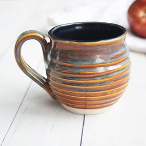 Image of Rustic Blue Green and Golden Brown Pottery Mug, 15 oz. Handmade in USA (C)